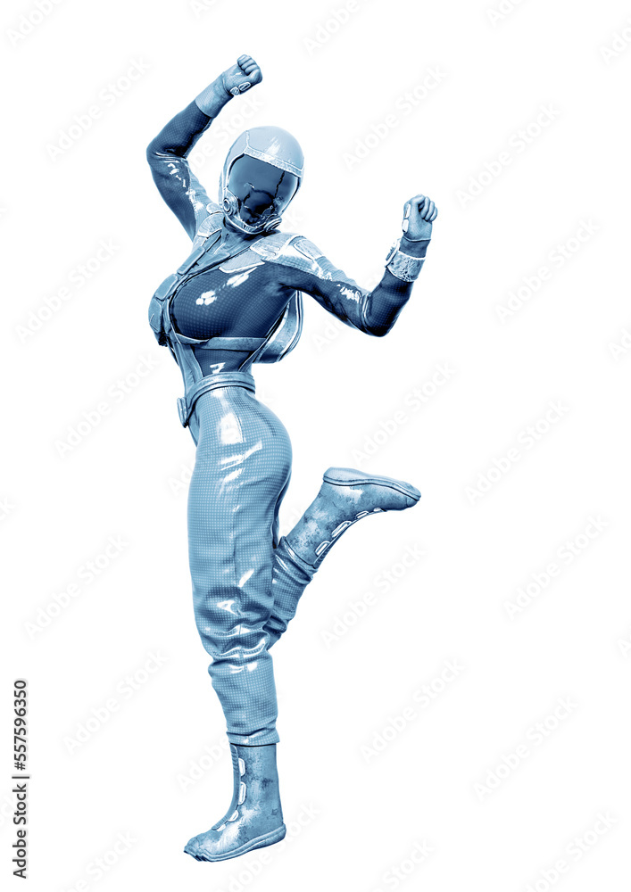 cosmonaut girl is dancing in pin up pose on white background cosmonaut girl is dancing in pin up pose on white background