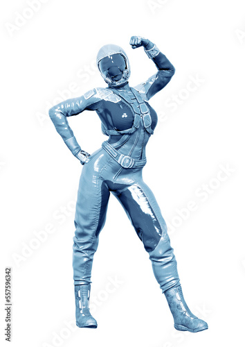 cosmonaut girl is celebrating on white background