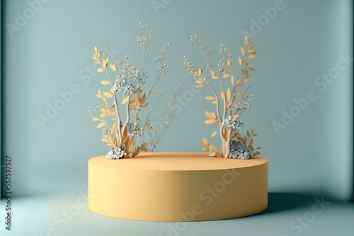 product showcase yellow round pedestal display podium stage, flower trees branches, blue background, product item showcase 3d illustration template photo