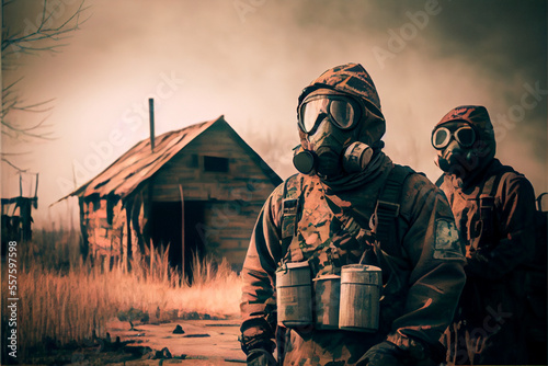 Soldiers Wearing Camouflage Uniform in Respirators and Protective Goggles Standing Near Hut in Radioactive Area