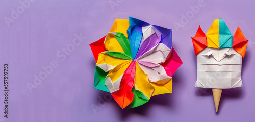 Generative AI. Colorful origami paper crafts on purple background. copy space background for your text or message.
