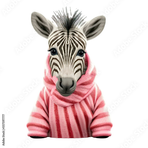 Cute adorable zebra wearing a pink sweather on a transparant background