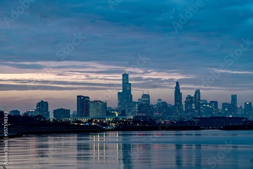 Downtown Chicago and Lake Michigan During the Blue Hour as viewed from just off of Lake Shore Drive near the 49th Street Beach