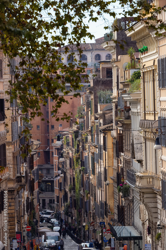 Old Historic Streets in Downtown Rome, Italy. Apartment Buildings Exterior