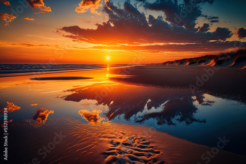 View of the sunset reflected on the water in domburg, Netherlands, is breathtaking. Generative AI