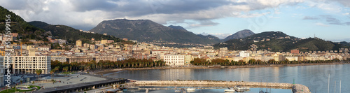 Touristic City by the Sea. Salerno, Italy. Aerial View. Cityscape and mountains background Panorama © edb3_16