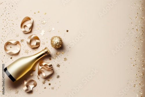Celebration background with golden champagne bottle, confetti stars and party streamers. Christmas, birthday or wedding concept. Flat lay.