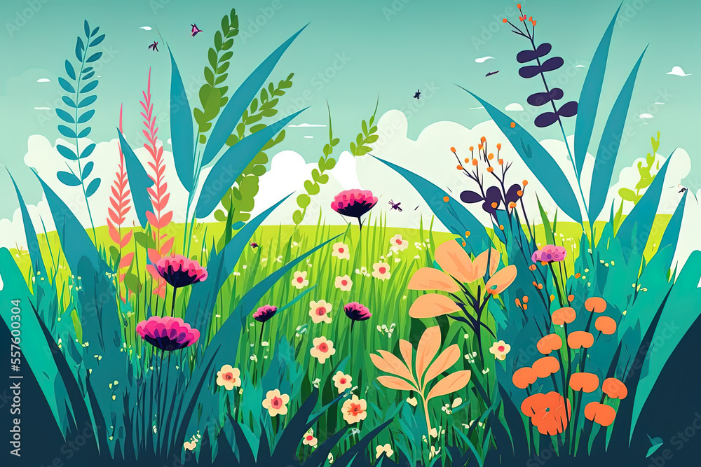 Meadow. herbaceous glade in summer. Flowers. Grass up close. rurally stunning scenery Wild unmowed grass. comic book style. flat style. illustration art. Generative AI Meadow. herbaceous glade in summer. Flowers. Grass up close. rurally stunning scenery Wild unmowed grass. comic book style. flat style. illustration art. Generative AI