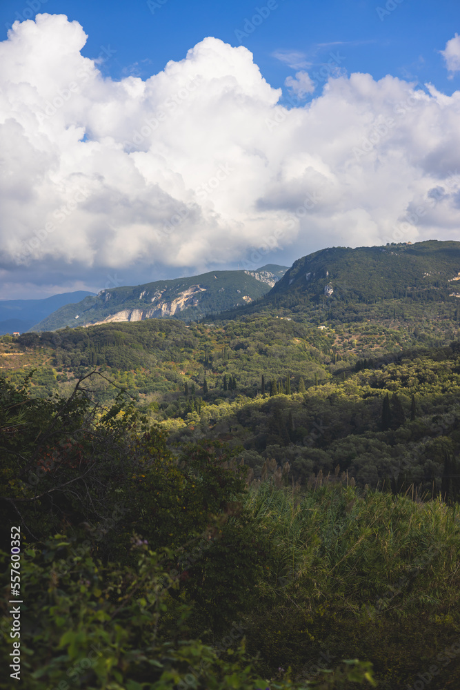 Beautiful green landscape of Corfu island, Greece, with mountains and trees, Kerkyra, Ionian islands, summer sunny day