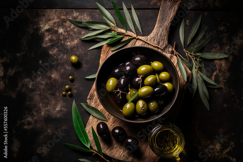 Olives with olive oil against a dark wood background. Generative AI