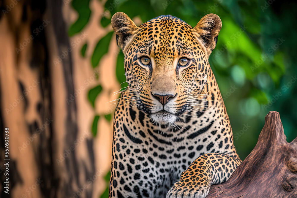 Obraz premium a savage jaguar perched on a tree. Generative AI