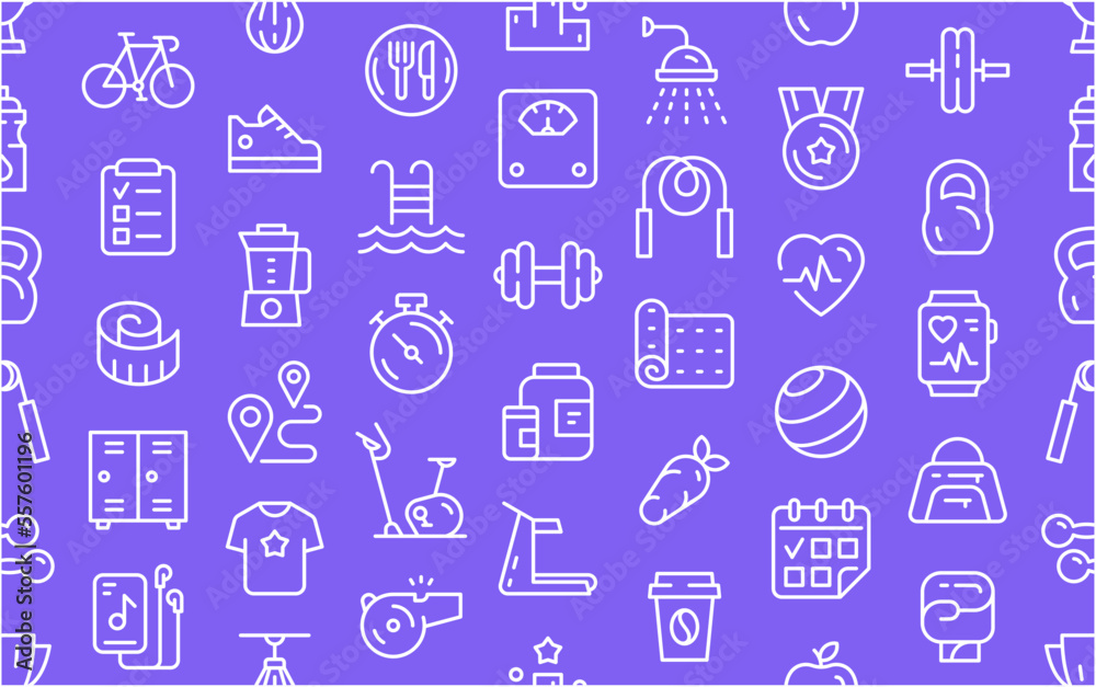 Seamless pattern with Fitness Icons. Minimal thin line web icon set. Collection icons fitness, gym and health care. Outline icons collection