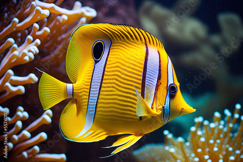 Beautiful fish on the seafloor and coral reefs are the copperband butterflyfish and chelmon rostratus marine species. Generative AI photo
