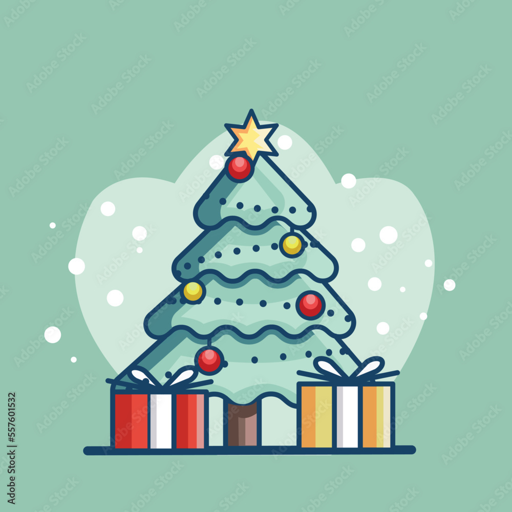 Christmas tree with gifts flat color illustration