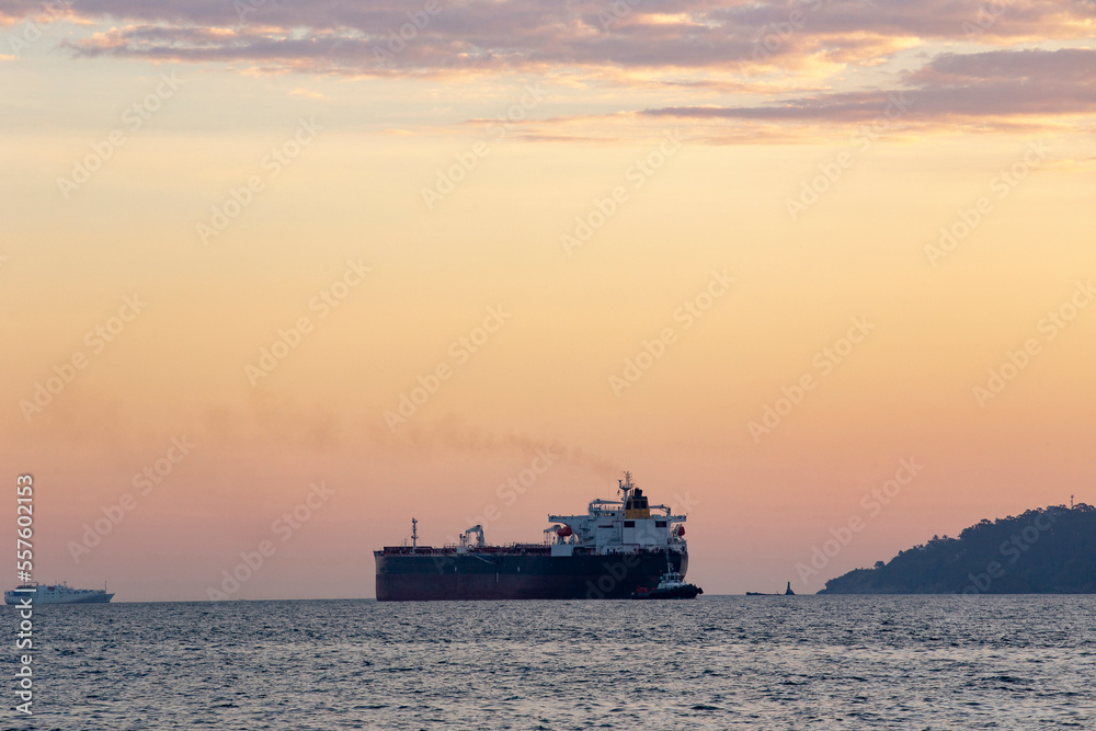 Oil tanker at maritime terminal on Sao Sebastiao city, coast of Brazil
