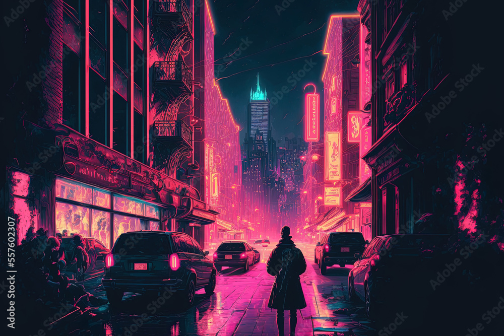 Obraz premium Christmas night city street lit up with cyberpunk neon with artificial intelligence generated art. Generative AI