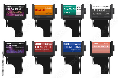 set of retro vector, film roll, set of vintage Camera photo film container, Camera vintage film roll cartridge icon isolated on color background. 35mm film canister. Filmstrip photographer equipment. 