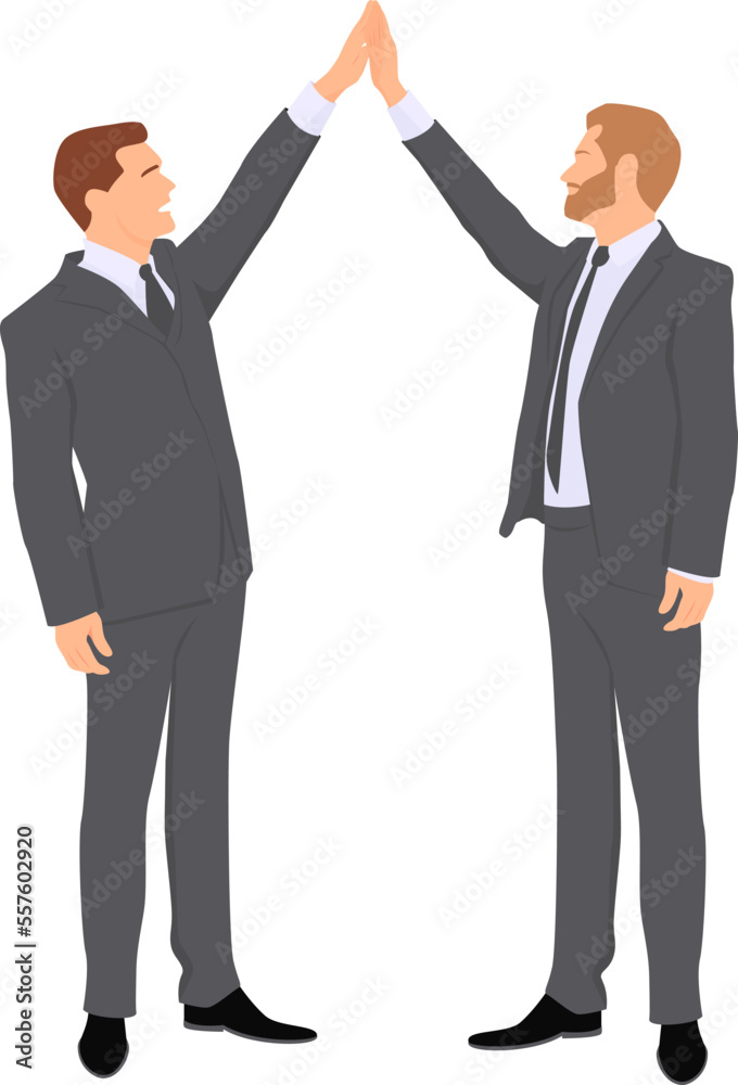 Two standing businessmen making with their rising arms gesture that means sealing a deal. Transparent background. Vector illustration Two standing businessmen making with their rising arms gesture that means sealing a deal. Transparent background. Vector illustration