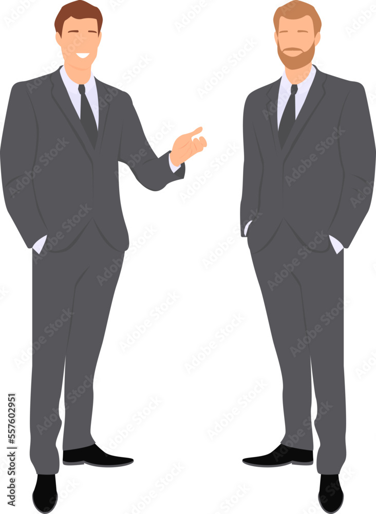 Two standing men wearing in business suits one of them gesturing with arm. Transparent background. Vector illustration