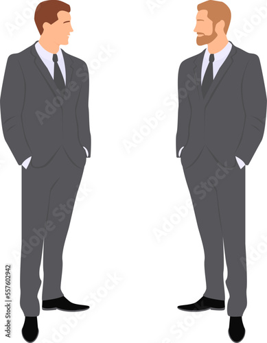 Two standing men wearing in business suits holding their hands in the pockets and talking. Transparent background. Vector illustration