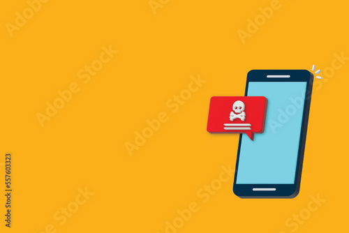 Malware , virus attack warning alert online on mobile cell phone, internet security threat. 3d vector illustration	