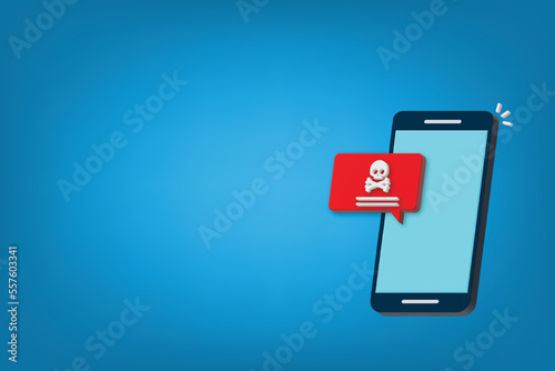 Malware , virus attack warning alert online on mobile cell phone, internet security threat. 3d vector illustration	