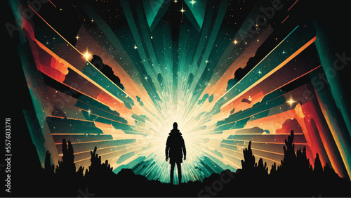 Galaxy Background with a man standing in an open field