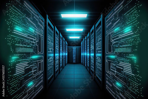 An electronic computer hall with glowing neon blue lights in a raster illustration of a data center storage server room and remote information storage cloud technology. Background raster. Generative