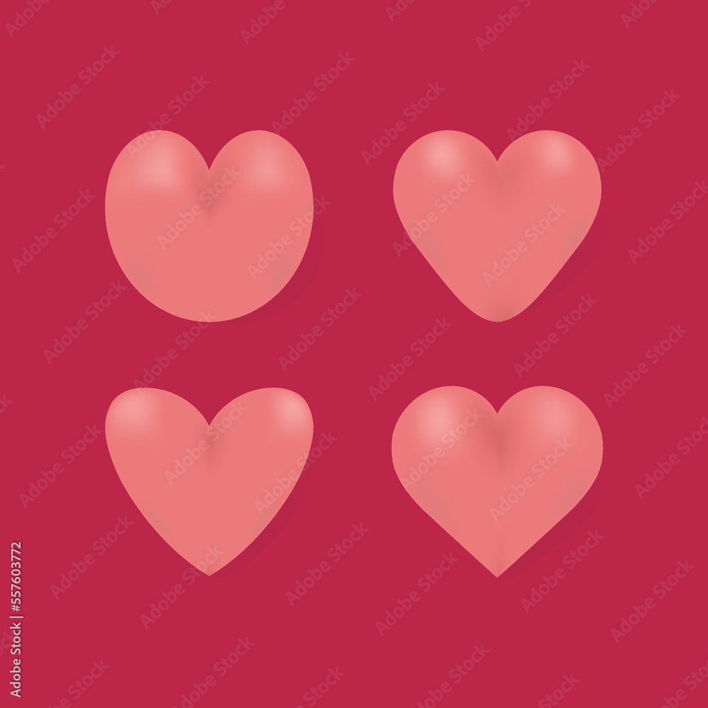 set of 3d realistic pink heart love shape symbol