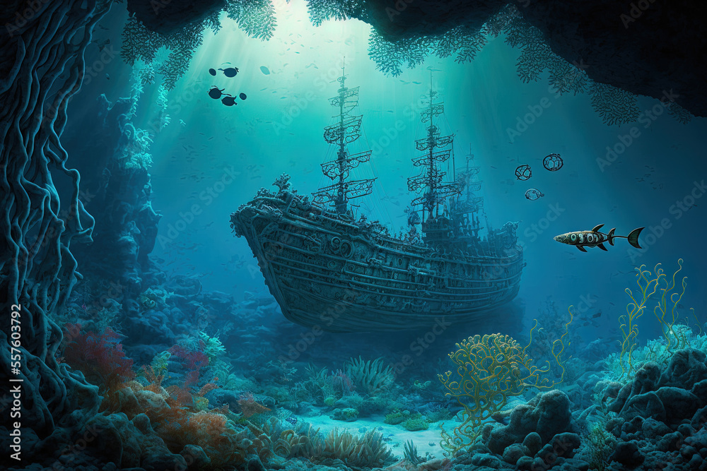 Underwater Scenery For Shipwreck Diving An Ancient Ship At The Bottom underwater-scenery-for-shipwreck-diving-an-ancient-ship-at-the-bottom