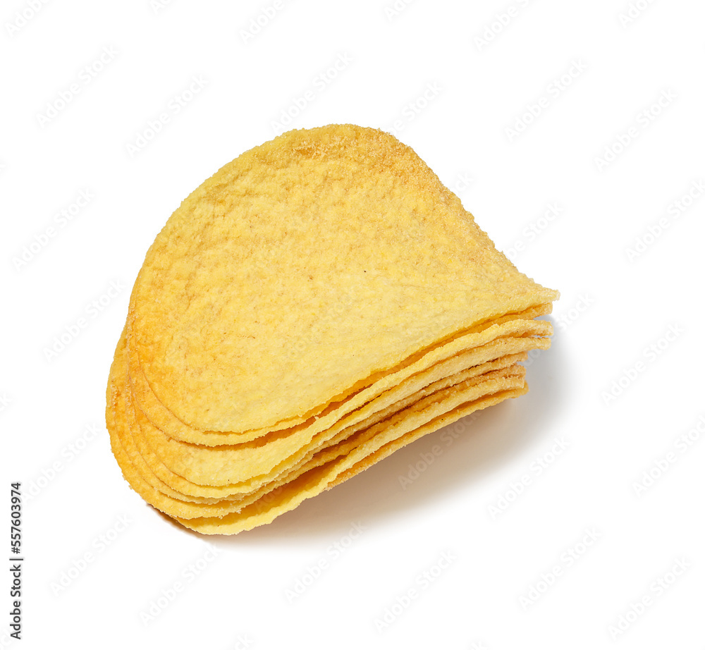 Round potato chips with paprika isolated on white background