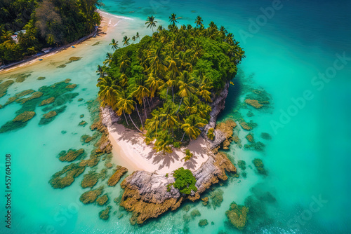 Drone aerial image of the Atlantic Ocean's lovely tiny island and palm palms. Dominican Republic's Samana region, Cayo Levantado island. Generative AI