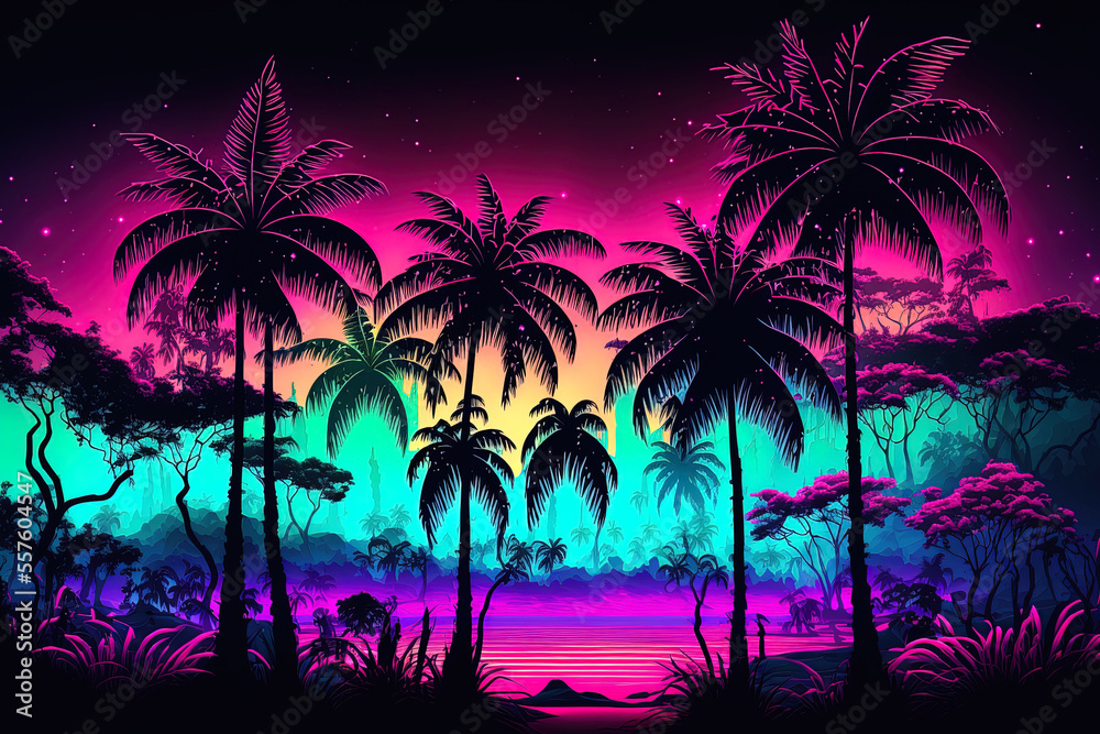 Fantasy neon forest, a jungle at dusk, magical, surreal, and lovely neon scenery. Generative AI
