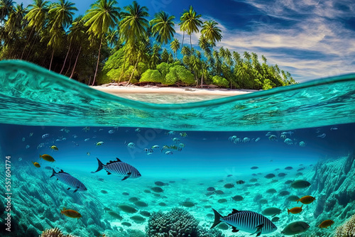 Amazingly stunning tropical island with palm trees, underwater views of sharks, fish, and other creatures in the ocean, and a summer vacation theme with a tropical destination. undersea. Generative AI