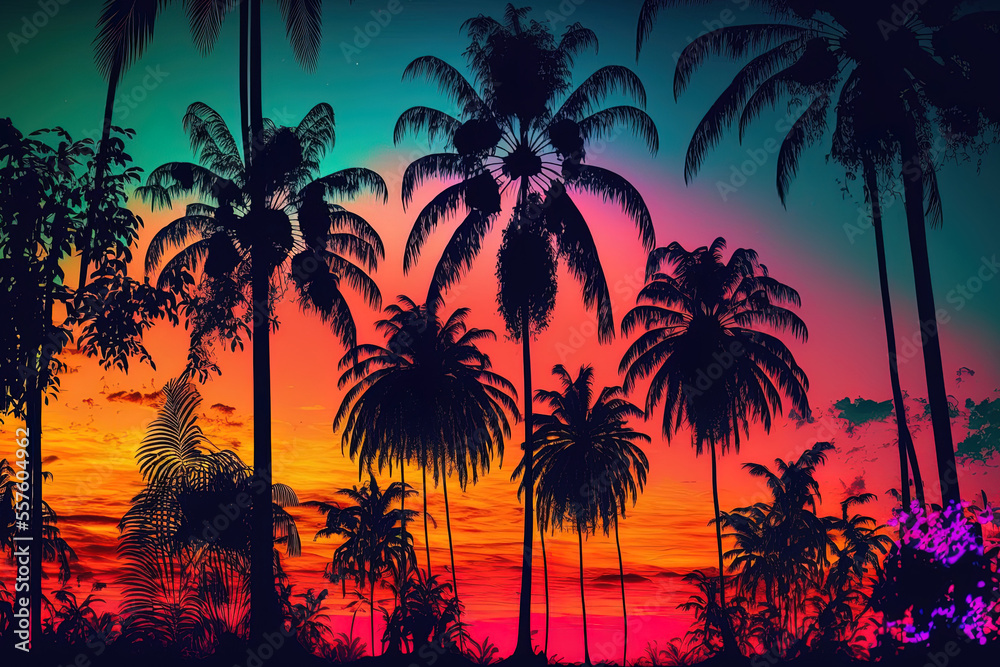 Sunset palm neon forest jungle surreal woodland gorgeous neon dream landscape. Generative AI