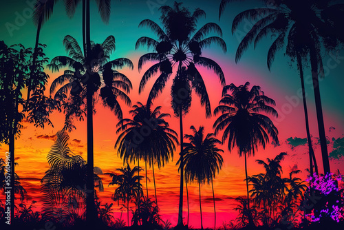 Sunset palm neon forest jungle surreal woodland gorgeous neon dream landscape. Generative AI © 2rogan