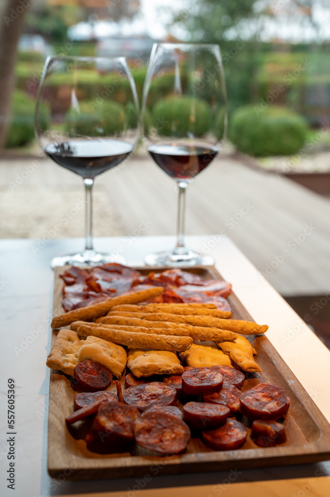 Fototapeta premium Wooden plate with sliced Spanish tapas, choriso sausage, lomo iberico en bread sticks served with glass of red wine