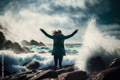 Woman with outstretched arms enjoying the wind and breathing fresh air on the rocky beach