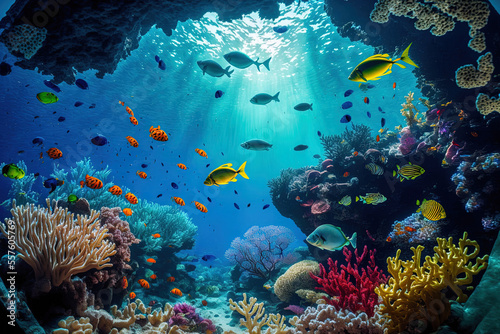 Underwater coral reef and lagoon, underwater scenery, snorkeling excursion. Generative AI © 2rogan