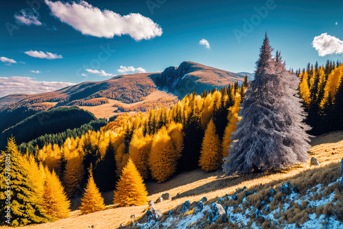 Incredible fall scene in the Ukrainian Carpathians with golden trees on the mountains and the first snow. Generative AI