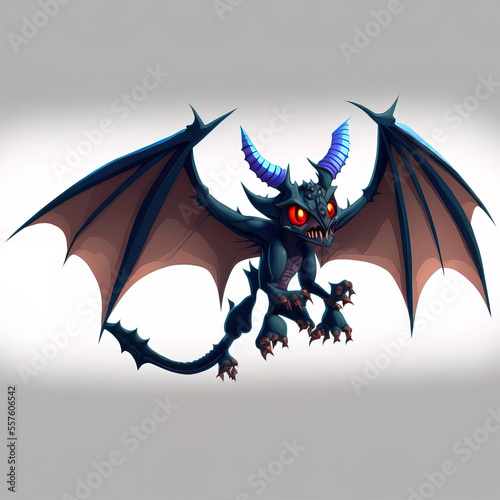 Blue and Red Fairy Tale Dragon with big wings and horns, horror cartoon monster art design flying bat. Generative AI