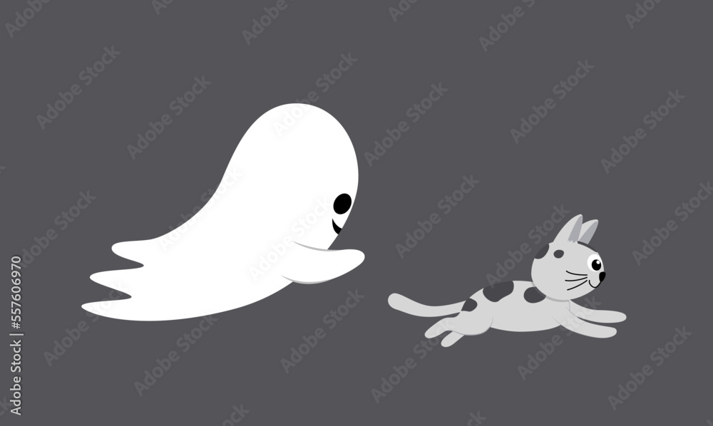 Ghost is frightening cat. Cat is running from ghost. Halloween. Cartoon, flat, vector Ghost is frightening cat. Cat is running from ghost. Halloween. Cartoon, flat, vector