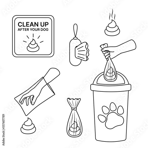 Set. Clean up after your dog. Black and white elements. Poop. Vector