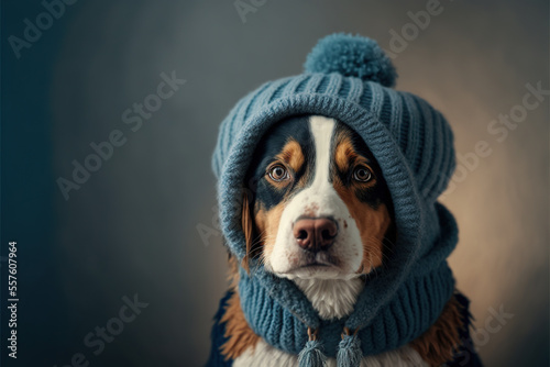 Potrait of a cute dog in cold winter wearing warm knitted hat ai generative, with copy space, pet influencer © NAITZTOYA