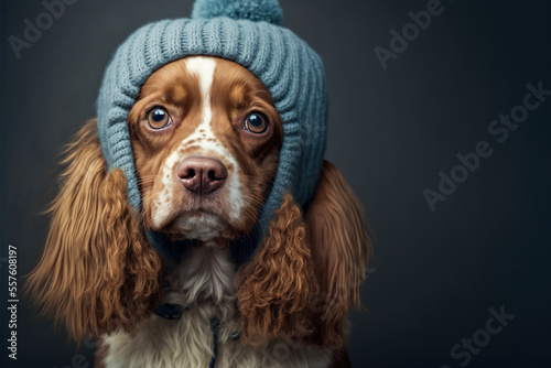 Potrait of a cute dog in cold winter wearing warm knitted hat ai generative  with copy space  pet influencer