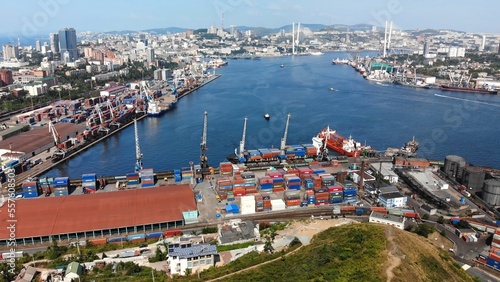 Top view. Vladivostok Commercial Sea Port. Industrial port with containers in Vladivostok.