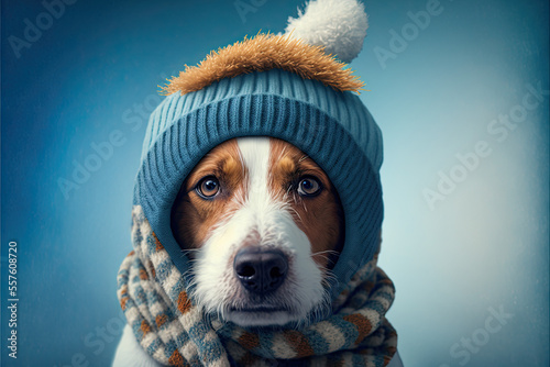 Potrait of a cute dog in cold winter wearing warm knitted hat ai generative, with copy space, pet influencer © NAITZTOYA