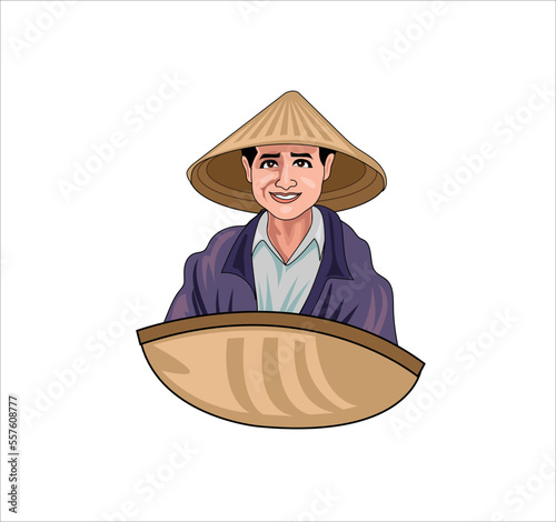 Asian man selling bunches bananas street market hoi Vietnam traditional hat hoi Vietnam vector