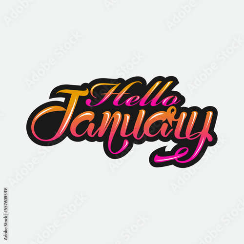 Hello January card and handwritten text  modern brush calligraphy  hand lettering. Vector illustration.