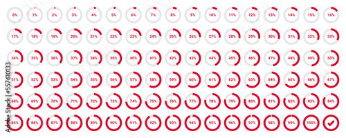 Set of circle percentage diagrams from 0 to 100. Can be used for web design, UI or infographic, vector illustration